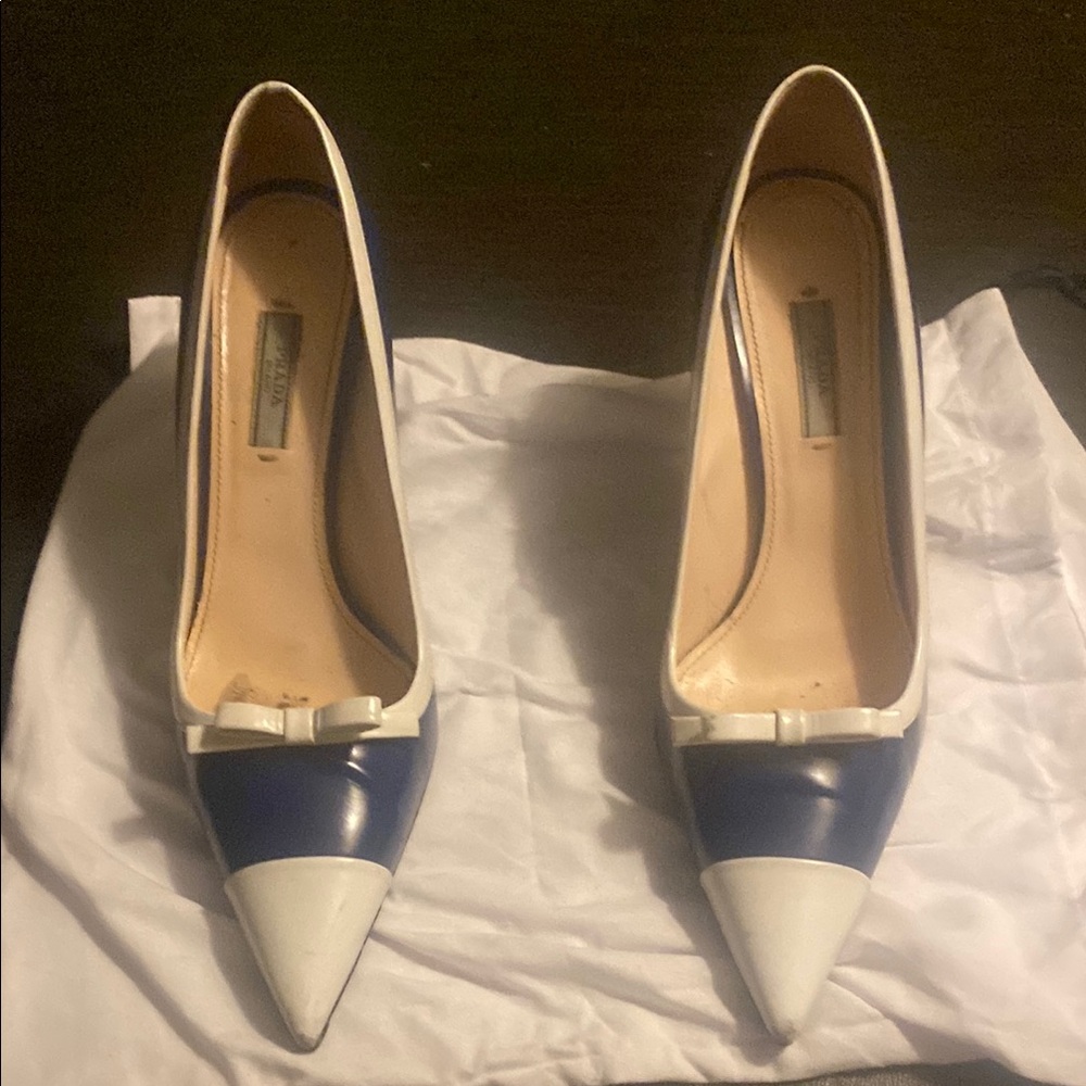 Prada Blue and White Leather Heels